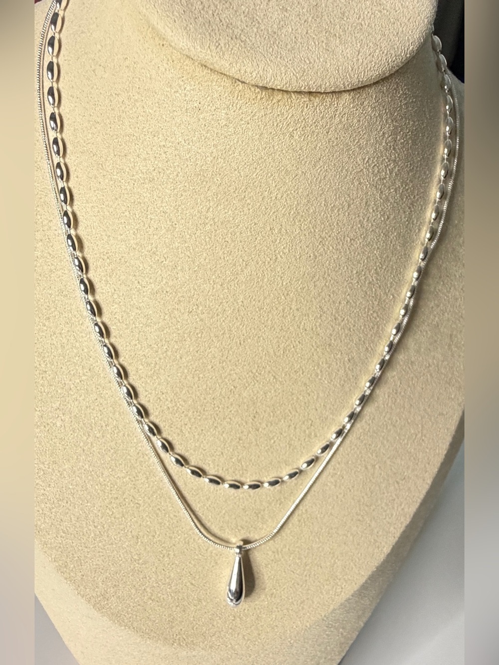 925 Sterling Silver Layered Necklace Teardrop Pendant Double Chain 18” New